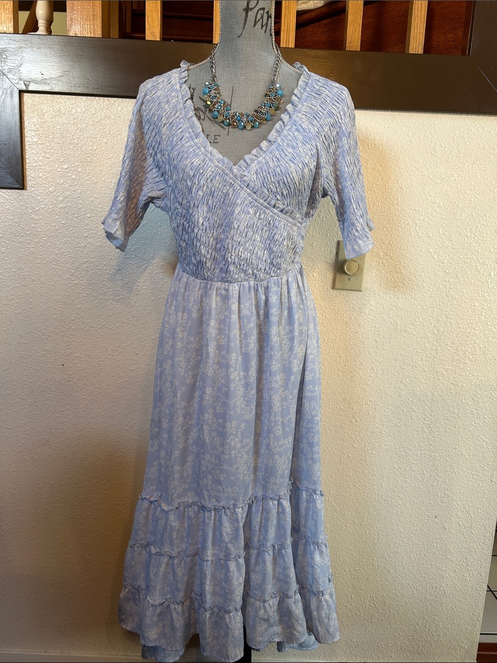 Polagram Light Blue Floral Smocked Maxi Dress
